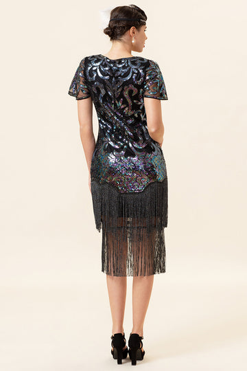 Black Paljetter Fringed Gatsby kjole med 20s tilbehør sett